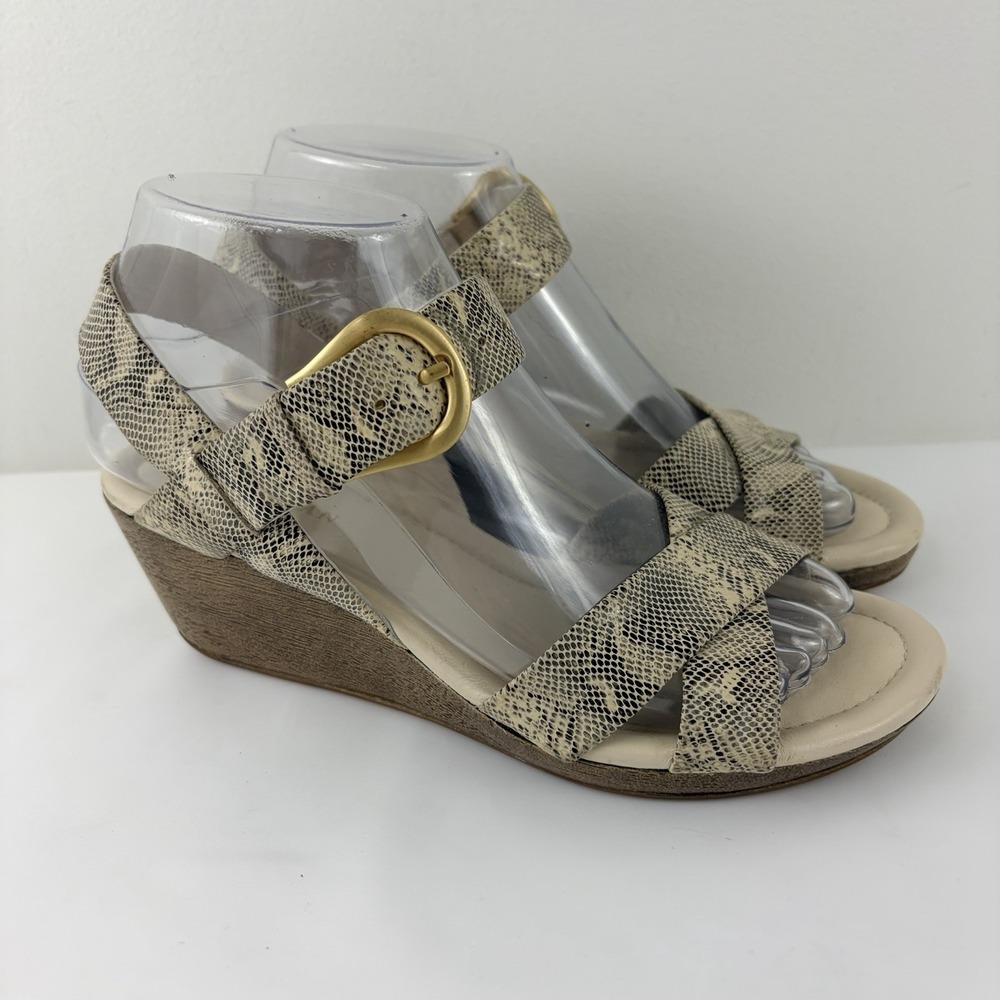 Cole Haan Snake Print Wedge Sandals Beige Leather Buckle Strap Comfort Chic Sz 6 - Picture 2 of 10